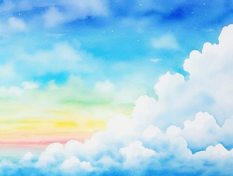 雲が浮かぶ虹色の空の水彩画　Generative AI