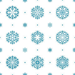 white repetitive winter background with blue snowflakes. vector seamless pattern. fabric swatch. wrapping paper. continuous design element for home decor, textile, greeting card