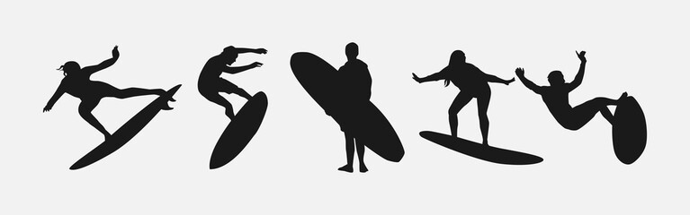 silhouette of several surfer isolated on white background. different action, pose. sport, surfing, hobby, summer theme. vector illustration. - obrazy, fototapety, plakaty
