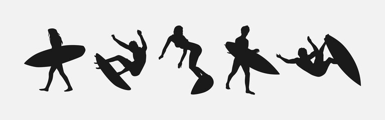 silhouette of several surfer isolated on white background. different action, pose. sport, surfing, hobby, summer theme. vector illustration. - obrazy, fototapety, plakaty