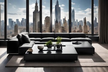 A minimalist living room with a sleek black couch, a low-profile coffee table, and a large window...