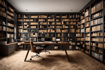 a home office with a modern desk, a comfortable ergonomic chair, and a wall of floor-to-ceiling bookshelves.