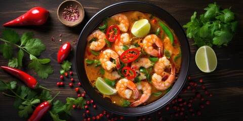 Tom Yum Goong: A hot and sour shrimp soup, often made with lemongrass, lime leaves, galangal, and chili peppers. 
