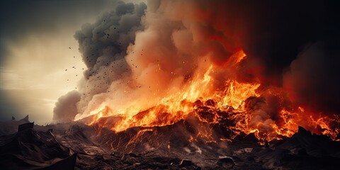The scene of volcanic eruption, lava spewing out, black smoke filled the air, the vegetation around the crater was burned - obrazy, fototapety, plakaty