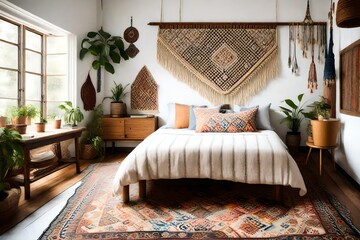 a bohemian guest bedroom with a Moroccan tiled headboard, a macrame wall hanging, and a vintage rug.