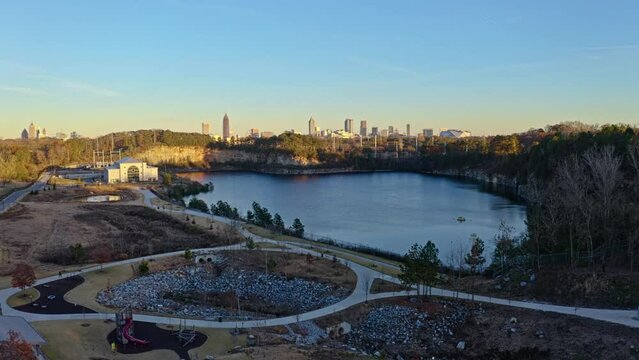 Panoramic aerial view of Westside Reservoir Park overlooking downtown Atlanta skyline, Georgia, USA