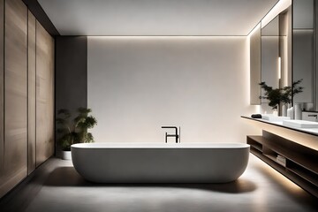 Fototapeta na wymiar A minimalist bathroom with clean lines, a freestanding bathtub, and subtle ambient lighting, creating a spa-like retreat within the confines of simplicity.