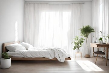 An immaculate white bedroom, featuring a simple platform bed, a single potted plant on a wooden nightstand, and sheer curtains billowing gently in the breeze.