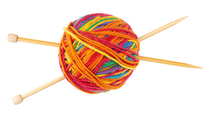 Ball of yarn and knitting needles. Handmade hobby knitting. Wooden bamboo needles for knitting,...