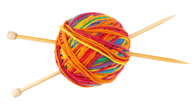 Ball of yarn and knitting needles. Handmade hobby knitting. Wooden bamboo needles for knitting, sewing. Acrylic, wool or cotton thread. Handcraft, art and craft professional tools. Isolated background