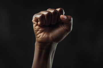 A silhouette of a raised fist on a black background symbolizing unity and empowerment for Black History Month.