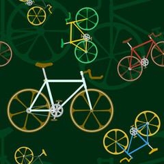Editable Various Colors Fixed Gear Bicycle Vector Illustration Seamless Pattern With Dark Background for Sport or Green Lifestyle on Urban Environment Design