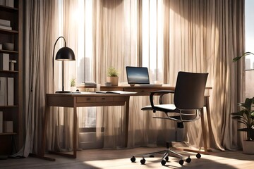 A sunlit study corner featuring a modern desk, an ergonomic chair, and tall windows with sheer...