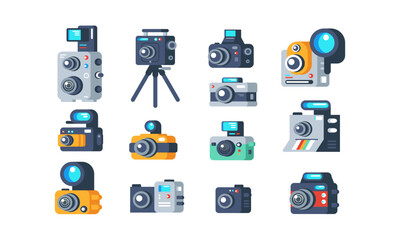 Different types of cameras set vector illustration. Collection of retro and modern digital camcorder flat style concept. Professional photography school or photo studio design. Isolated on white