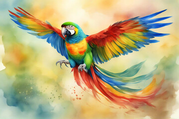 exotic watercolor painting artwork of flying parrot