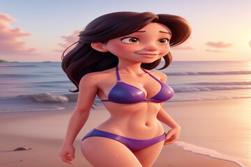 Beautiful woman sweat on the skin in bikini happily walks on the beach at sunset ;sharp,clear images