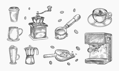 Coffee making icons set. Vector hand drawn sketch illustration. Cup with hot drinks, espresso, cappuccino, latte, isolated on white background. Cafe menu, vintage labels or packaging design elements - obrazy, fototapety, plakaty