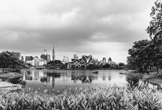 Park in Kuala Lumpur city, Malaysia. Black and white toned image 