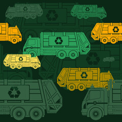 Editable Flat Monochrome Garbage Trucks Vector Illustration in Green and Yellow Color as Seamless Pattern With Dark Background for Green Life and Environment Cleanliness Related Purposes