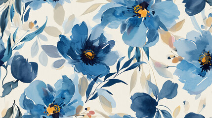 Watercolor blue floral pattern, elegant botanical wallpaper, versatile for wedding invitations, greeting cards, fabric print design. AI Generative