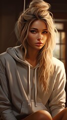 Photorealistic,Photo of a girl, blonde double buns hair style, deeply tanned, hoodie with generative ai