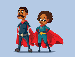 Vector Senior Superhero Couple of African Ethnicity Wearing Red Capes. Two heroic grandparents standing in confidence and bravery 
