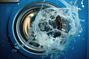 Water liquid housework machine wash cleaning blue laundry wet white domestic - obrazy, fototapety, plakaty