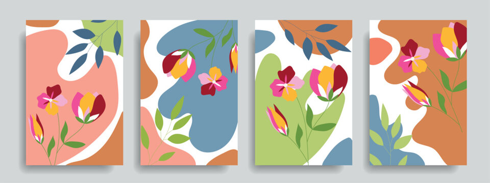 Set of modern abstract covers with flowers. Bright floral background.