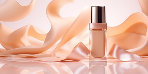product mockup, A bottle of liquid foundation is scattered in the picture like a ribbon of liquid foundation. The background is bright and soft light.  - obrazy, fototapety, plakaty
