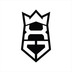 XO Letter Logo monogram hexagon shield shape up and down with crown isolated style design