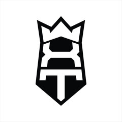 XT Letter Logo monogram hexagon shield shape up and down with crown isolated style design