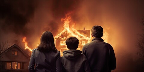 Family mother with children at burning house fire accident background
 - obrazy, fototapety, plakaty