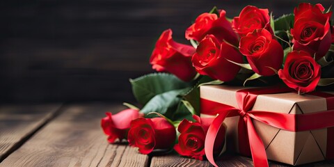 St. Valentines Day concept. Fresh red roses and gift box on wooden table copy space