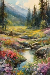 Naklejka premium Vintage oil painting watercolor painting of mountain river valley
