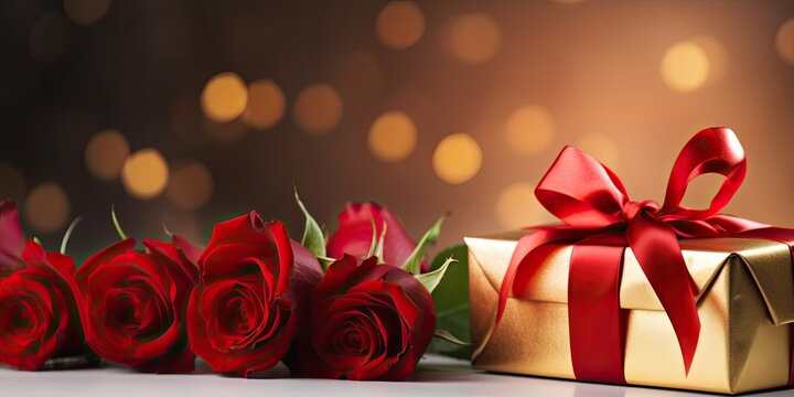 Red roses and golden gift with ribbon, award winning studio photography, professional color grading, soft shadows, no contrast, clean sharp focus,