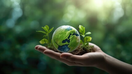Hand hold globe with nature. ESG, Environment Social Governance. Reducing co2. Net Zero. Sustainable. ethical. Business organizational development. renew resource reduce. Generative AI - obrazy, fototapety, plakaty