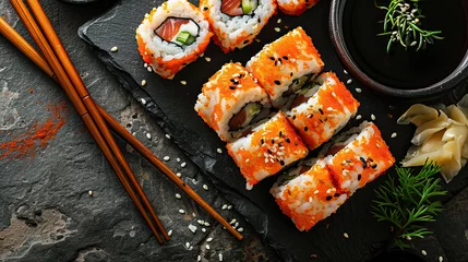 Fotobehang sushi with sushi platter on blue plate, sushi rolls with fish © danh