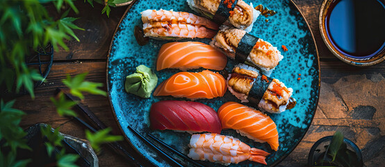 sushi with sushi platter on blue plate, sushi rolls with fish