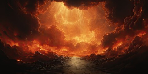 Apocalyptic fiery sky over ocean horizon at dusk - obrazy, fototapety, plakaty