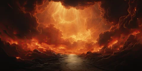 Muurstickers Apocalyptic fiery sky over ocean horizon at dusk © Ross