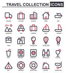 travel icon collection.2 color outline.contains car, suitcase,city, hotel,accommodation,ship, mountain,taxi,passport,travel, hot air balloon, juice, tent, lifeguard, diving, exploring.editable stroke.