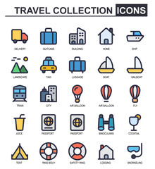 travel icon collection.lineal color style.car,suitcase,urban,hotel,lodging,ship,mountain,taxi,passport,travel,hot air balloon,juice,tent,lifeguard,diving,exploring.editable stroke vector.