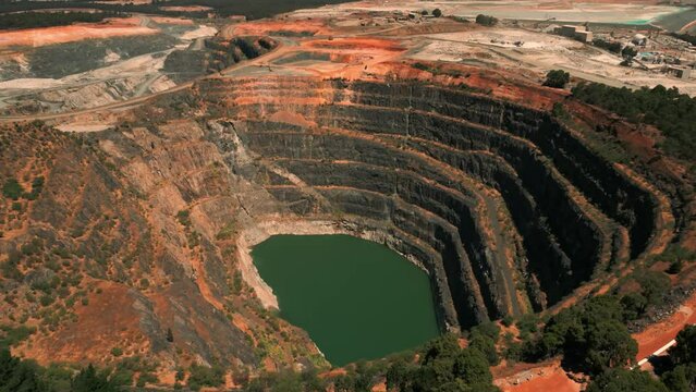 drone shot of an abandoned mine pit in the foreground and a mining site in the background in Western Australia