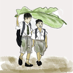 Boys happily walking together back from school under the rain. They sharing banana leave to cover from rain.
