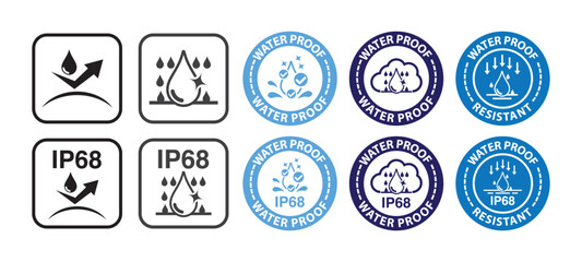 Water proof vector badges. IP68 Waterproof rating, water protective capability. Water and dust protection, water resistance level icon and symbol. Vector. - obrazy, fototapety, plakaty