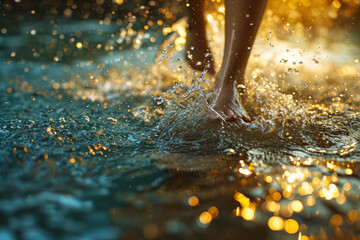 Child Splashing Water in Sunset Light.