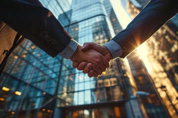 Business Handshake in Front of Office Buildings.
