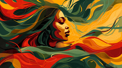 Vibrant abstract illustration with red, yellow, and green ribbons for celebrating Black History Month and racial equality.