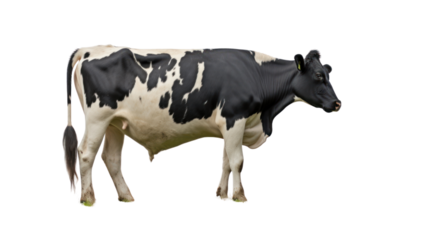 Cow white black bent eat on field in farm isolated on transparent and white background.PNG image.