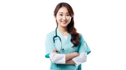 Portrait of a young nursing student standing smiling looking at the camera isolated on transparent and white background.PNG image.